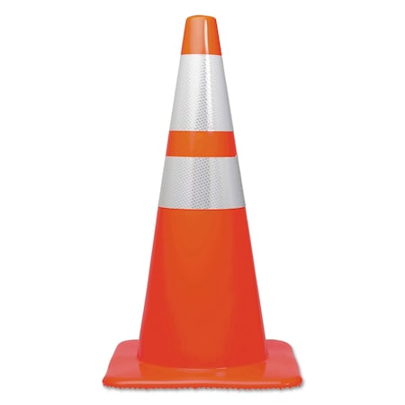 Tatco Traffic Cone, Plastic, 28" Height, 5 lbs, Orange/Silver 25900